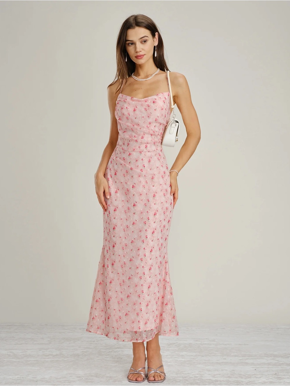 Pink Cowl Neck Floral Slip Maxi Dress